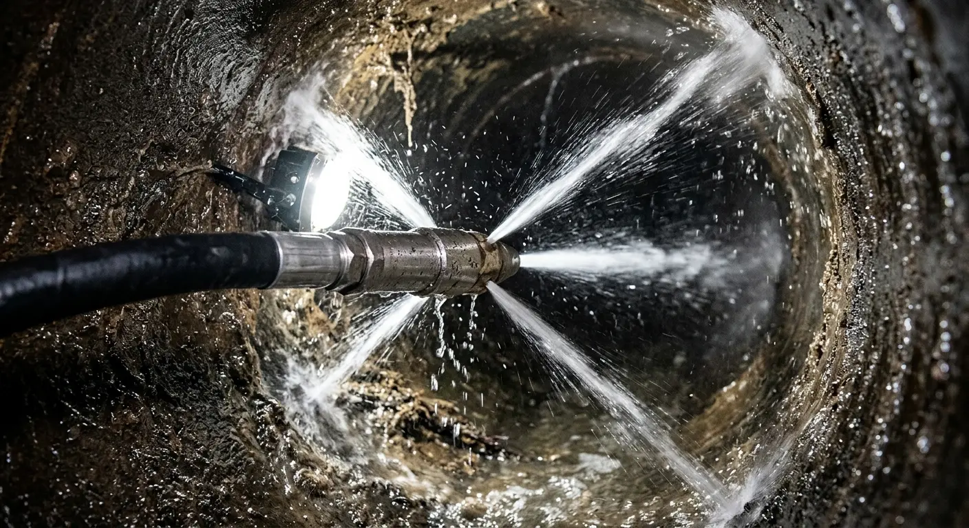 High-pressure hydro jetting nozzle cleaning sewer pipe for Sewer Cleanout in Wolcott