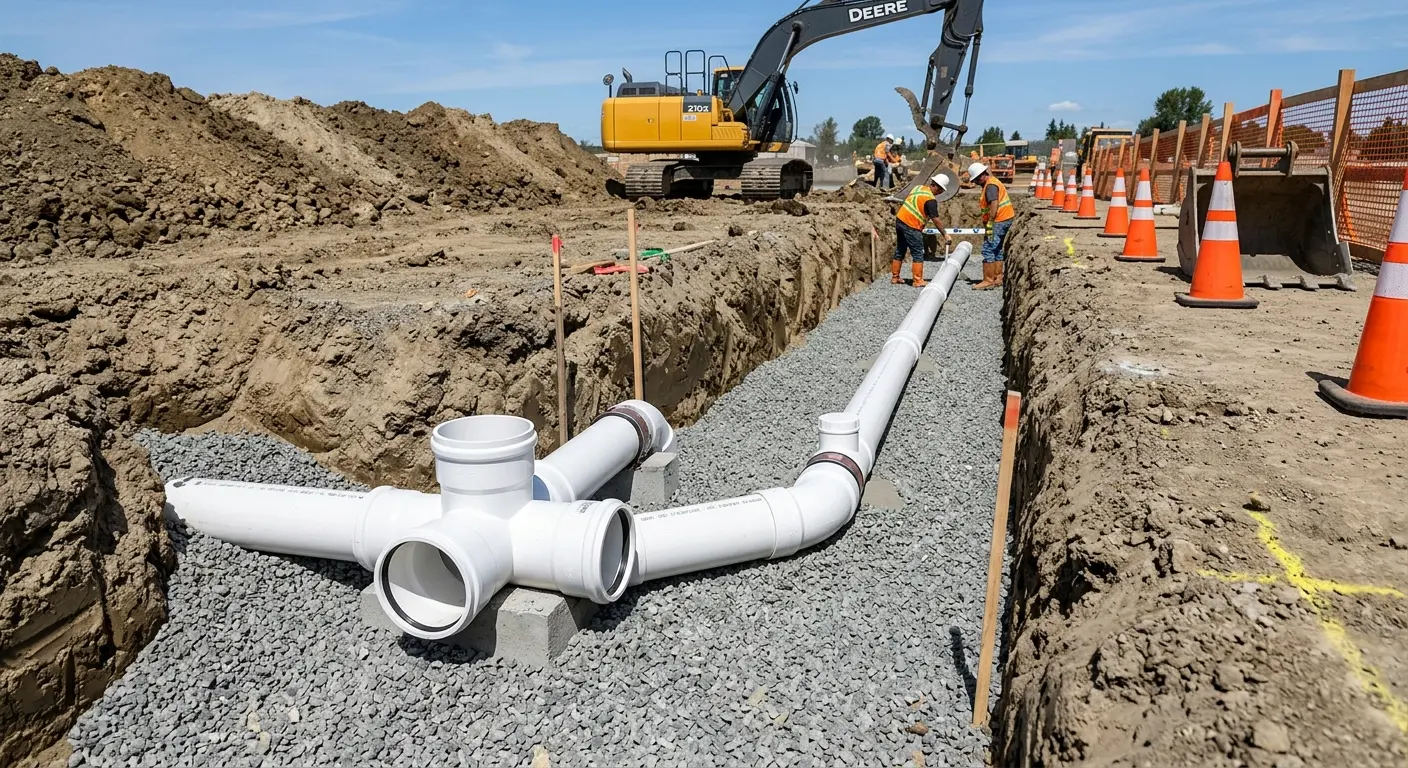 New PVC sewer pipe installation in open trench for Sewer Backup in Wolcott