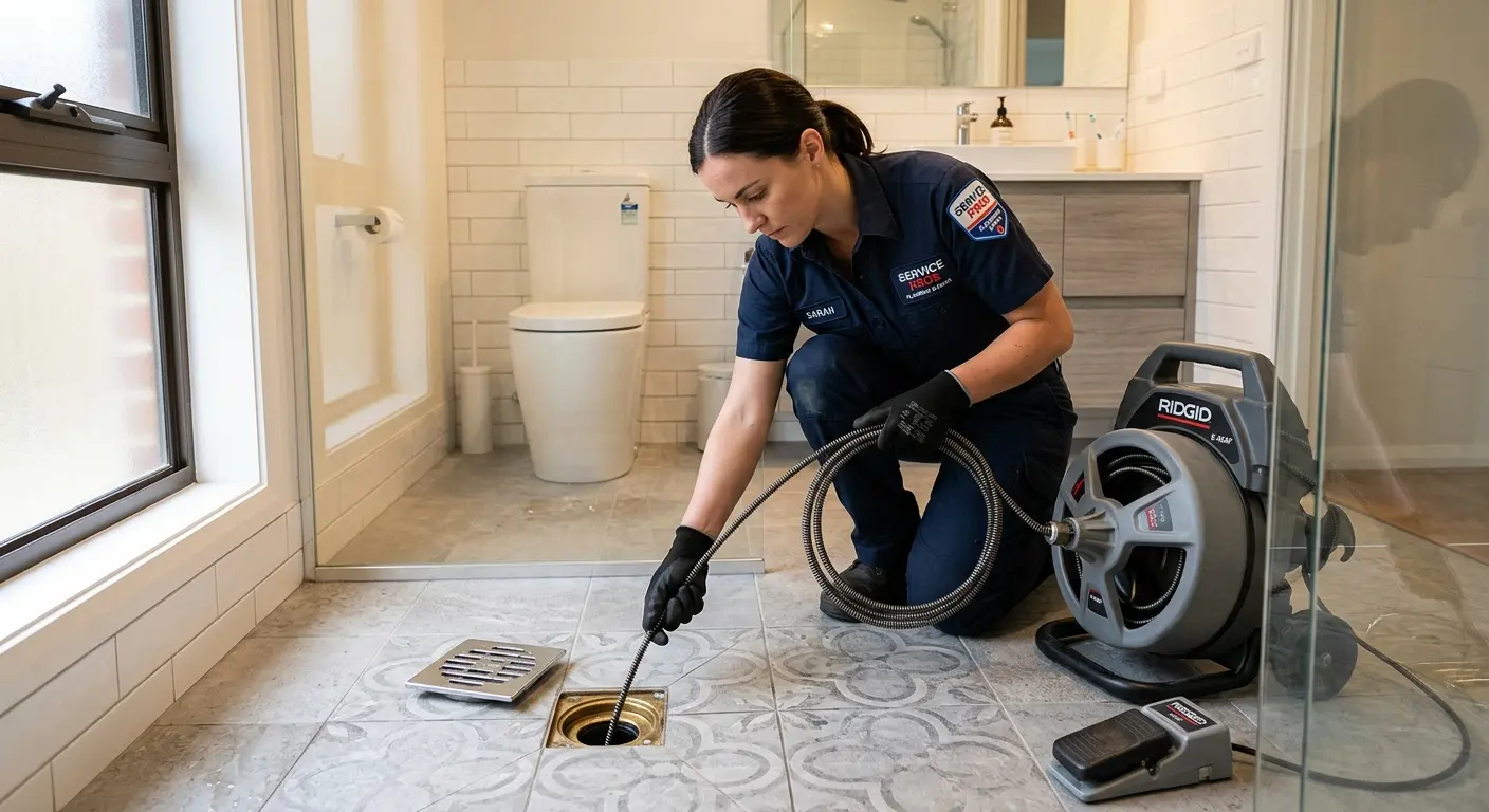 Technician clearing a bathroom floor drain for Drain Cleaning in Wolcott